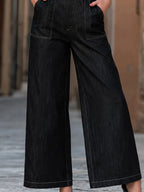 Deep V-Neck Belted Denim Wide-Leg Jumpsuit