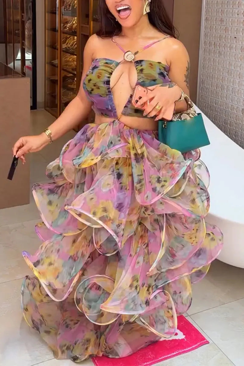Women Neck Hanging Printed Patchwork Layered Elegant Temperament Dinner Party Style Dress