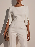 Women White Faux Pearl Slit Boat Neck Half Sleeve Dressy Jumpsuit