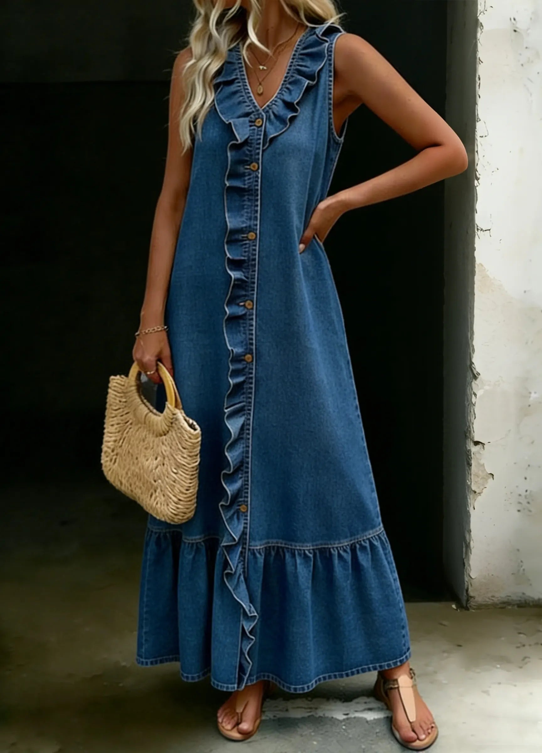 Women‘s Fashion Sleeveless Ruffled V-Neck Denim Dress