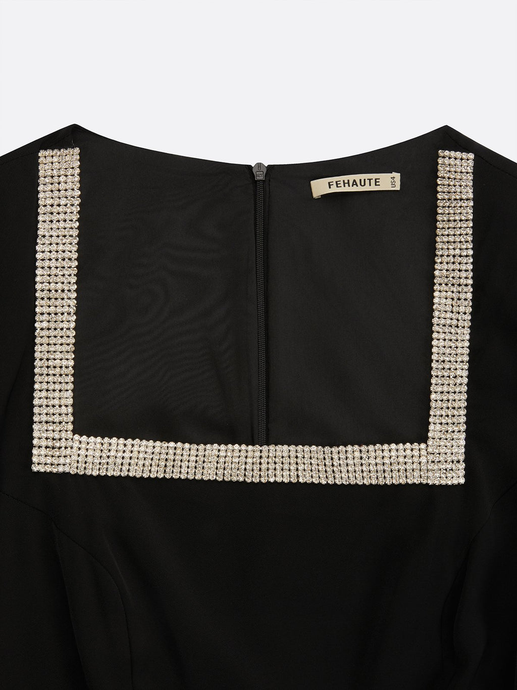 Women Black Rhinestone Square Neck Long Sleeve Dressy Jumpsuit