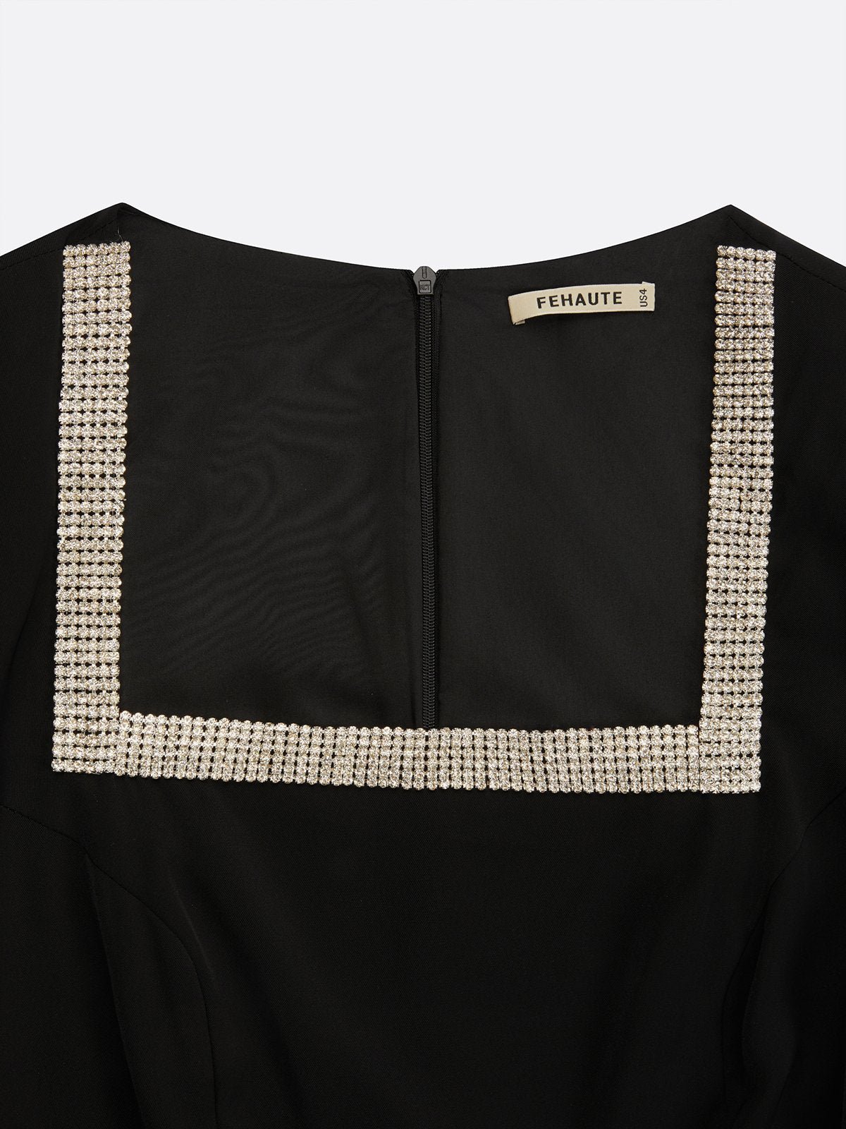 Women Black Rhinestone Square Neck Long Sleeve Dressy Jumpsuit