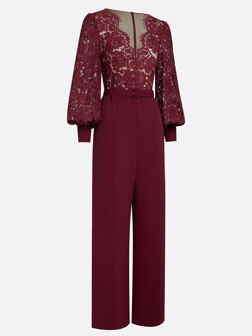 Women Burgundy Lace V Neck Long Sleeve Balloon Sleeve Dressy Jumpsuit