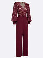 Women Burgundy Lace V Neck Long Sleeve Balloon Sleeve Dressy Jumpsuit