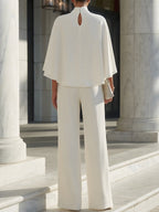 Cape-Sleeve High-Neck Blouse & Slit Wide-Leg Trousers Set
