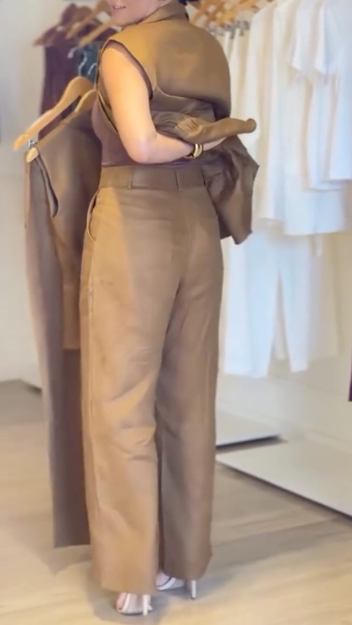 Khaki Sleeveless Blazer Vest Wide Leg Pants Set