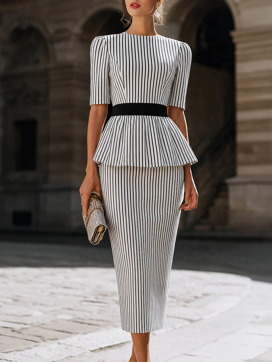 Striped Peplum Top And Pencil Skirt Set