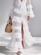 Women's Crisp White Crochet Knit Cardigan With Deep V-Neck & Layered Ruffles, Timeless Bohemian-Glam Style Cardigan MDA2372L3I