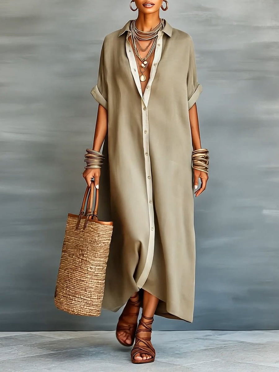 Women’s Linen & Cotton Shirt Dress – Casual Loose Fit Summer Midi Dress