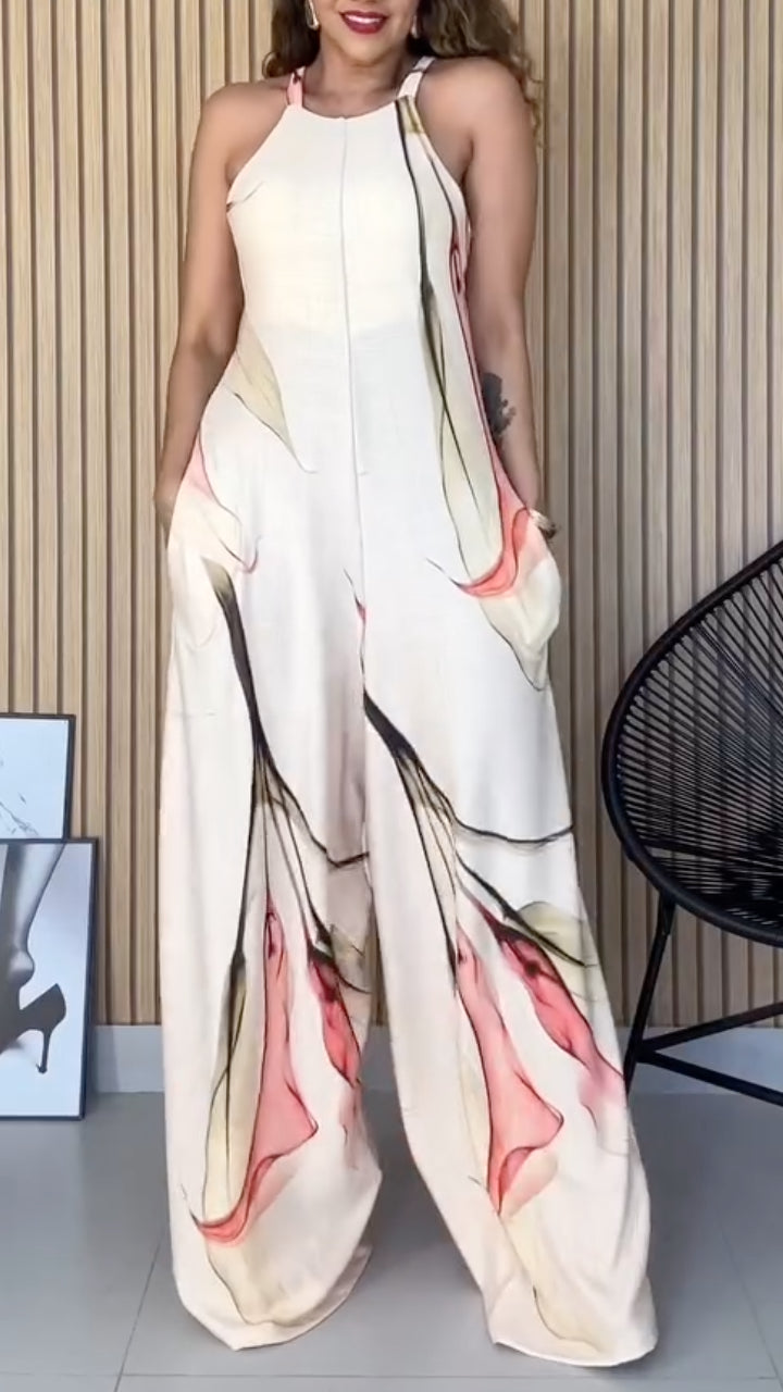 Halter Neck Abstract Print Wide Leg Jumpsuit