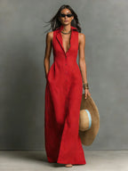Women's Minimalist Linen-Blend Collared Single-Breasted Sleeveless Maxi Shirt Dress MDZ1011C0Y