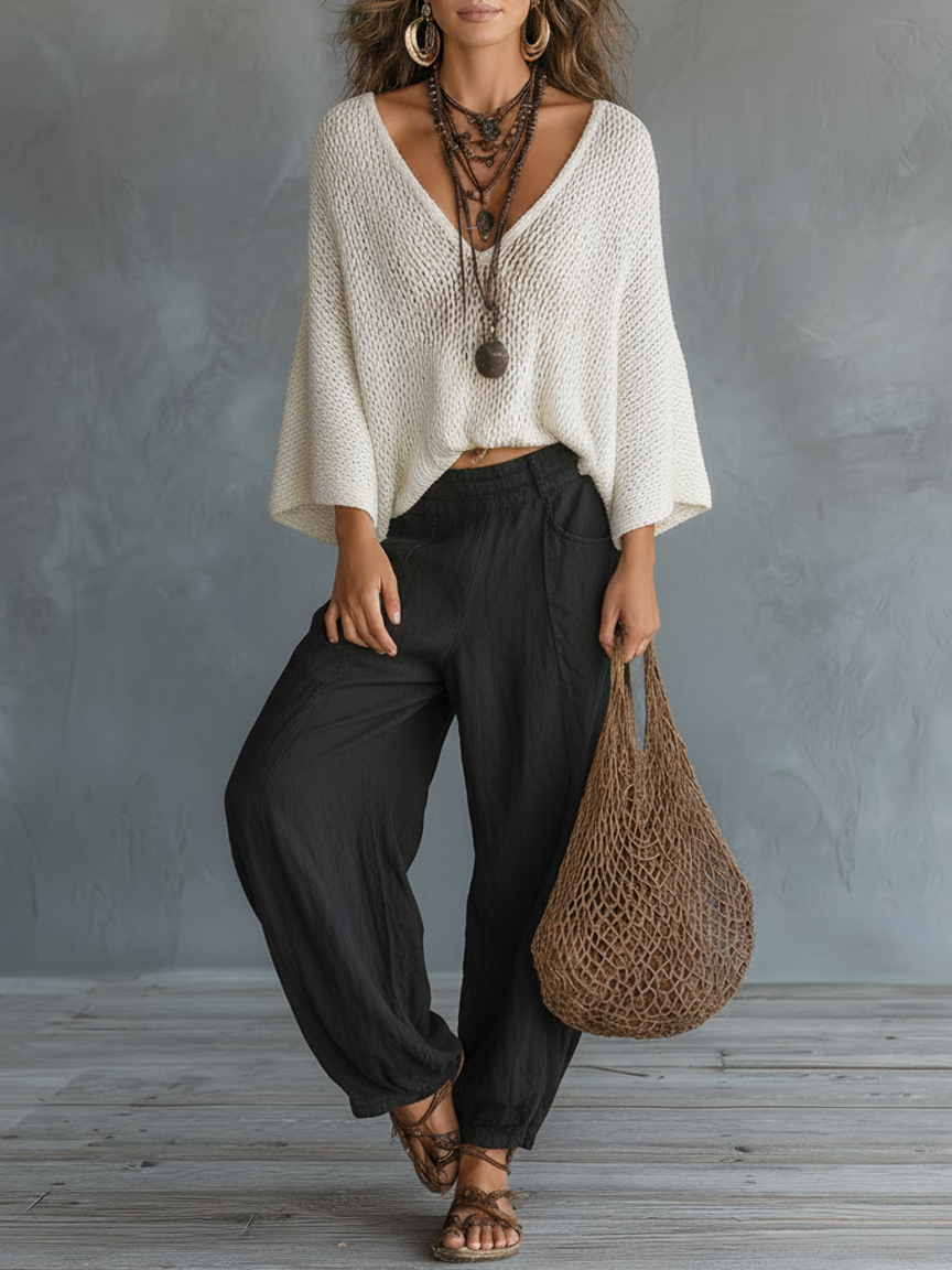 Women's Minimalist Lightweight Cape-sleeved Sweater And Harem Pants Set MDZ2685A8Y