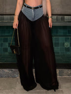 Denim Corset Waist Sheer Chiffon Wide Leg Pants