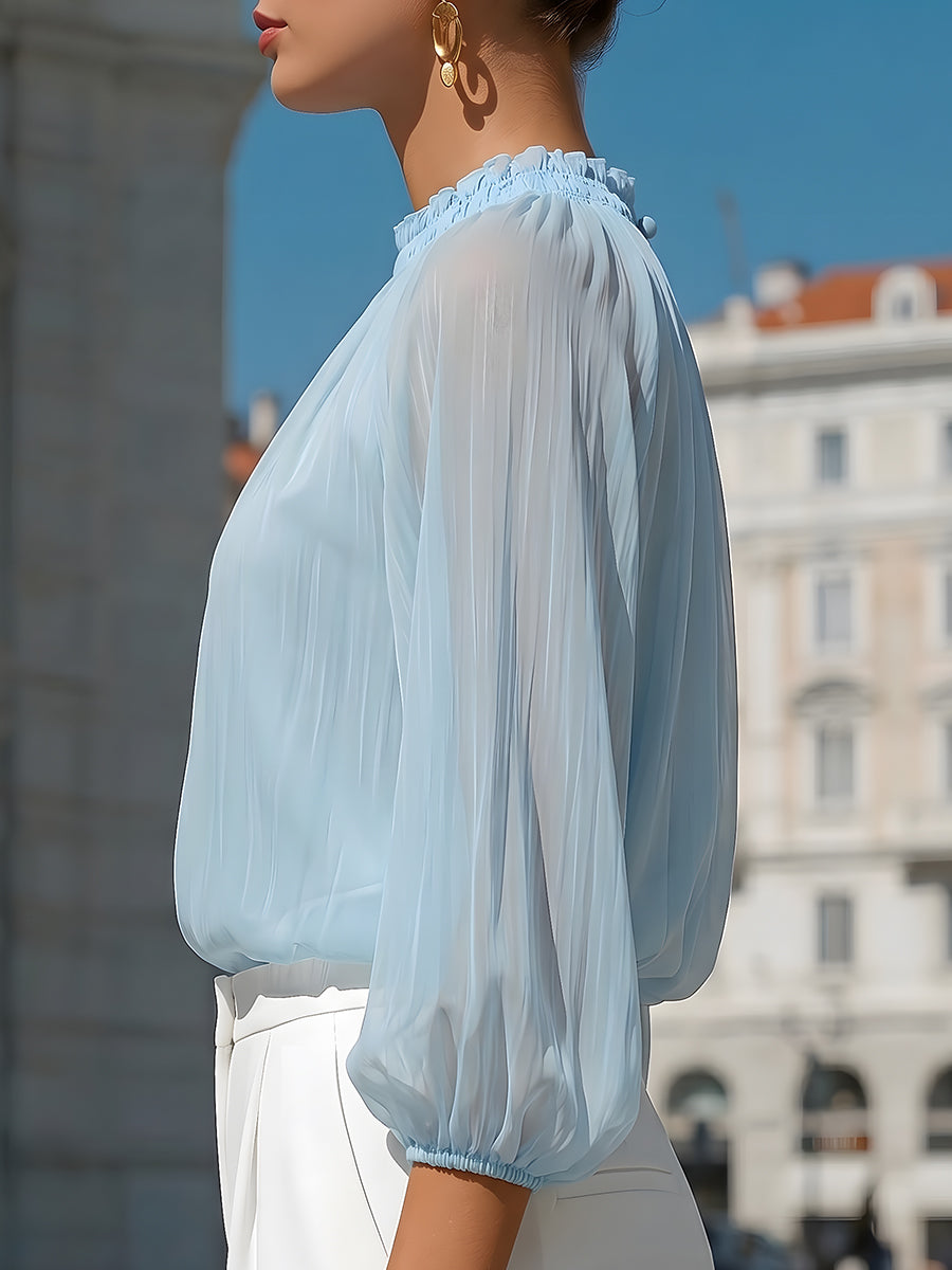 Sheer Pleated High-Neck Blouson Sleeve Blouse