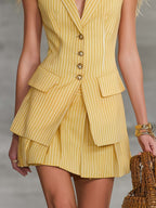 Exquisite Fashion Vacation Yellow Striped Tank Top And Skirt Set