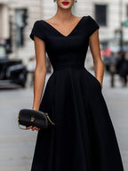 V-Neck Cap Sleeve A-Line Midi Dress