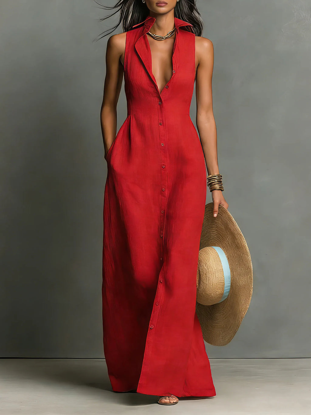 Women's Minimalist Linen-Blend Collared Single-Breasted Sleeveless Maxi Shirt Dress MDZ1011C0Y