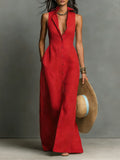Women's Minimalist Linen-Blend Collared Single-Breasted Sleeveless Maxi Shirt Dress MDZ1011C0Y