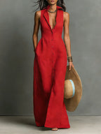 Women's Minimalist Linen-Blend Collared Single-Breasted Sleeveless Maxi Shirt Dress MDZ1011C0Y