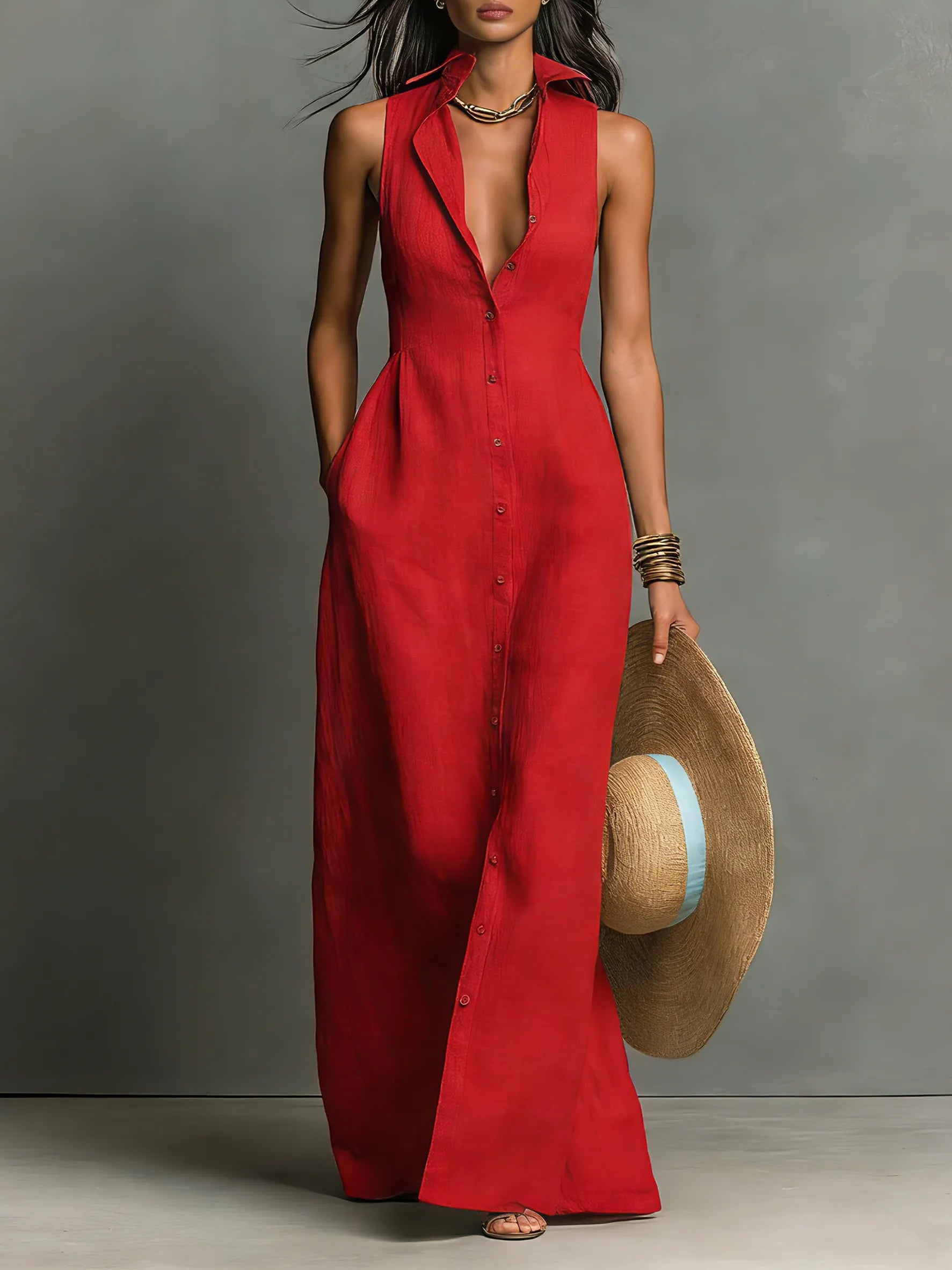 Women's Minimalist Linen-Blend Collared Single-Breasted Sleeveless Maxi Shirt Dress MDZ1011C0Y
