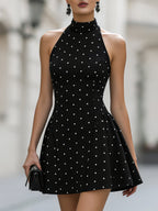 Elegant Polka Dot Halter Neck Sleeveless Flared Mini Dress