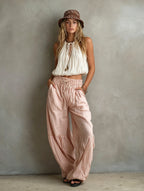 Women's Casual White Woven Sleeveless Round-neck Top Paired With Pink Woven Trousers MDZ1268F0LXY