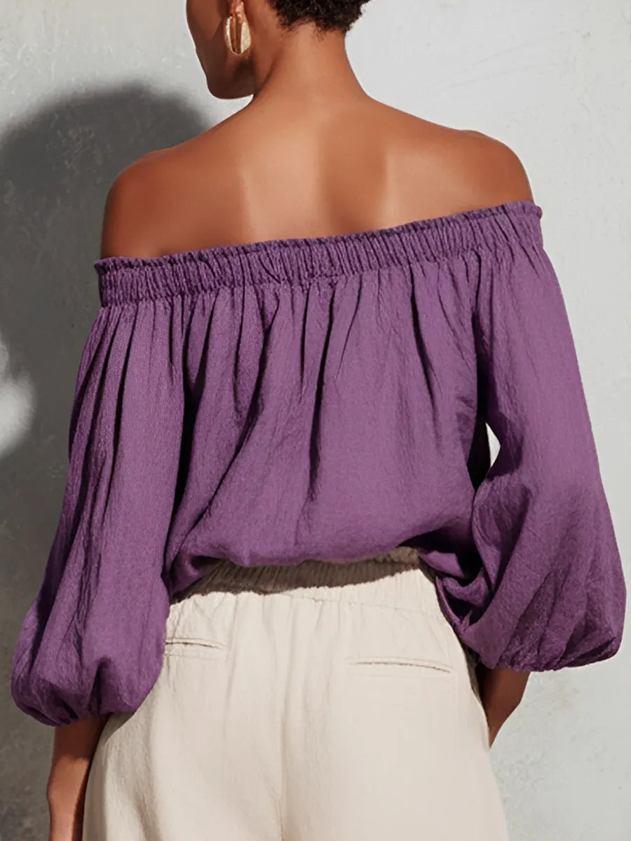Women's Casual Style Purple Cotton And Linen Off-shoulder Long Lantern Sleeve Top MDZ0697E3GMJ