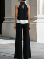 Contrast Hem Halter Neck Blouse & Wide-Leg Pants Set