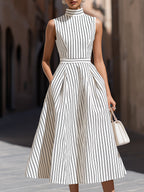 Elegant Pinstripe High Neck Sleeveless Fit & Flare Midi Dress