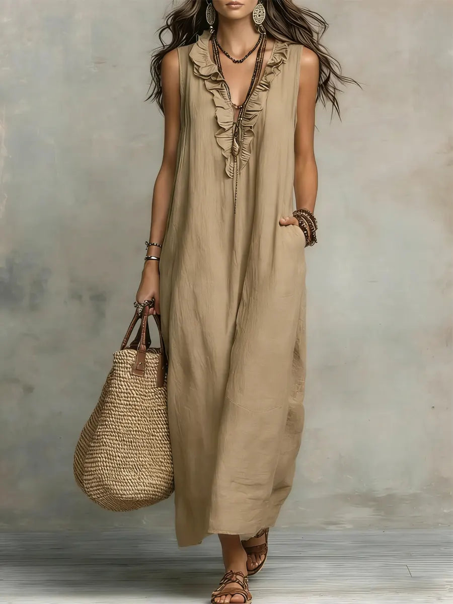 Women's Solid Color Ruffled Art Casual Fashion Cozy Cotton Linen Dress