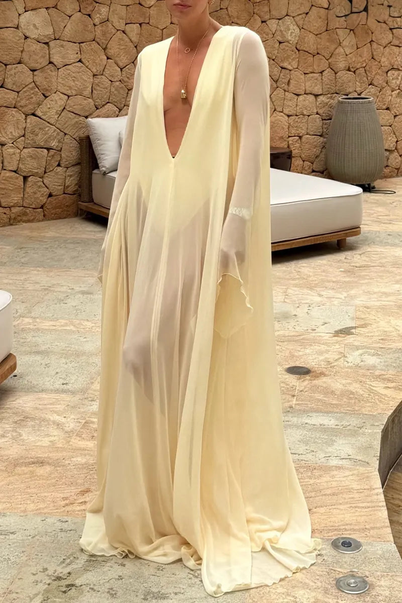 Deep V Sheer Chiffon Kaftan Maxi Dress