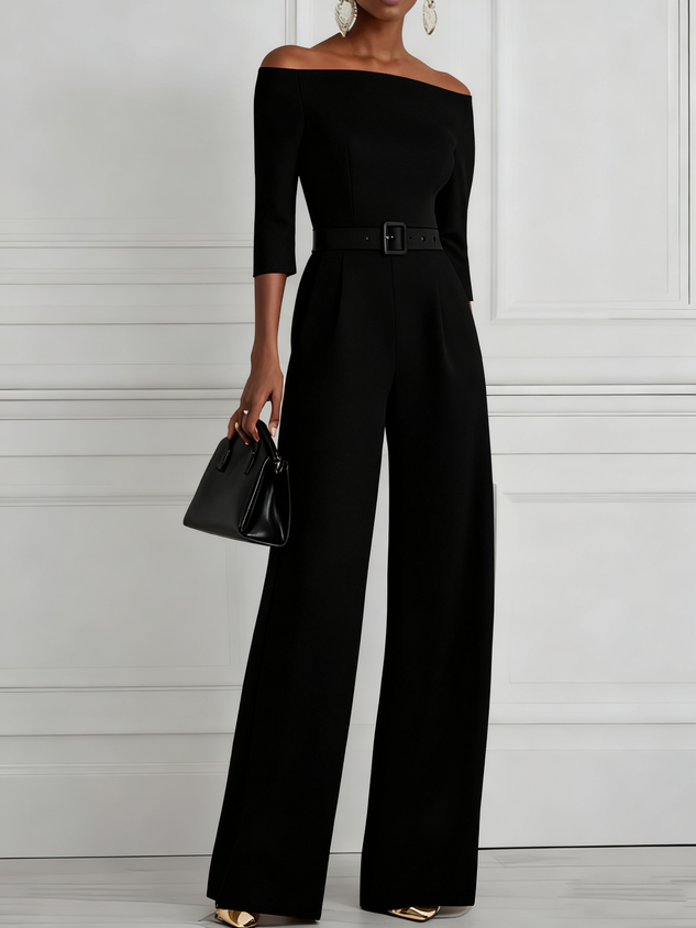 Women Navy Blue Off The Shoulder Half Sleeve Dressy Jumpsuit With Pockets