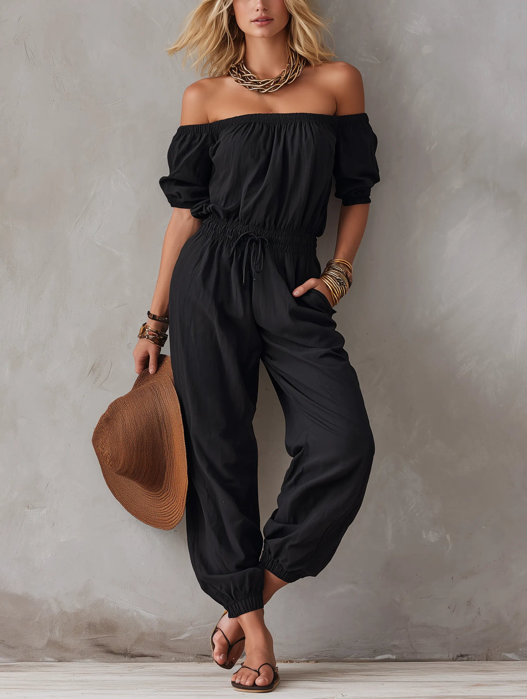 Women's Casual Black Woven Off-Shoulder Sleeveless Jumpsuit MDZ1751F1LXY