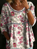 Women's Vintage Flower Casual Loose Denim Blouse Shirt