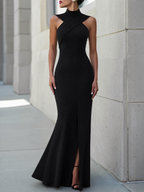 High-Neck Cross-Bodice Sleeveless Maxi Dress