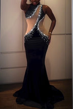 Women's Elegant Party Rhinestone Mesh Panel Maxi Dress