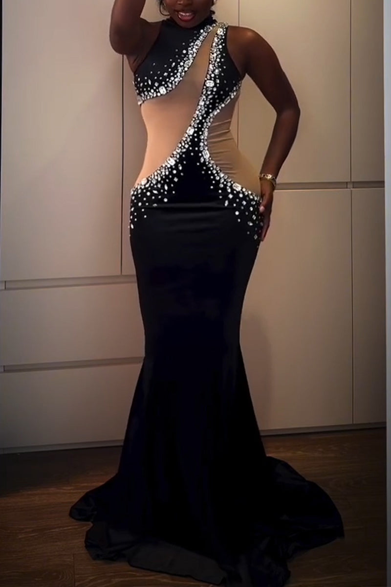 Women's Elegant Party Rhinestone Mesh Panel Maxi Dress