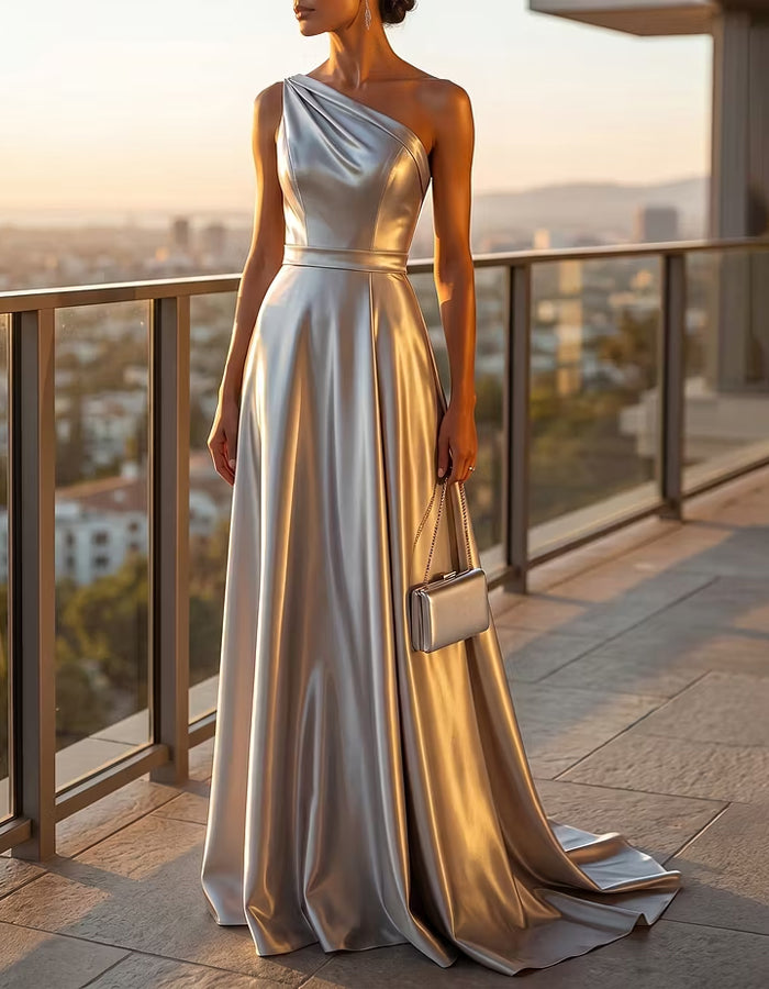 Silver Satin Shoulder Maxi Dress