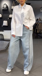 White Rhinestone Shirt Rhinestone Wide Leg Jeans Set