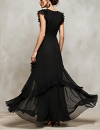 Black Layered Sheer Chiffon Ruffle-Trim Maxi Dress