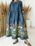 Women's Retro Floral Peter Pan Collar Long-sleeved Loose-fitting Casual Denim Dress