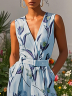 Women White Printing Deep V Neck Sleeveless Vacation Jumpsuit With Pockets