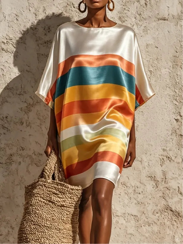 Satin Crew Neck Rainbow Print Mini Dress