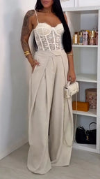 Lace Corset Cami Top & High Waist Pleated Wide Leg Pants Co-ord Set
