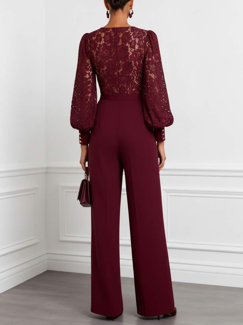 Women Burgundy Lace V Neck Long Sleeve Balloon Sleeve Dressy Jumpsuit