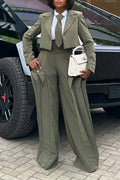 Women Collar Jacket+ High Waisted Patchwork Wide Leg Pants Temperament Commuting Formal Suit