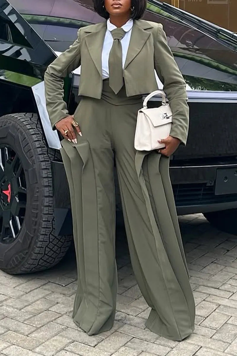 Women Collar Jacket+ High Waisted Patchwork Wide Leg Pants Temperament Commuting Formal Suit