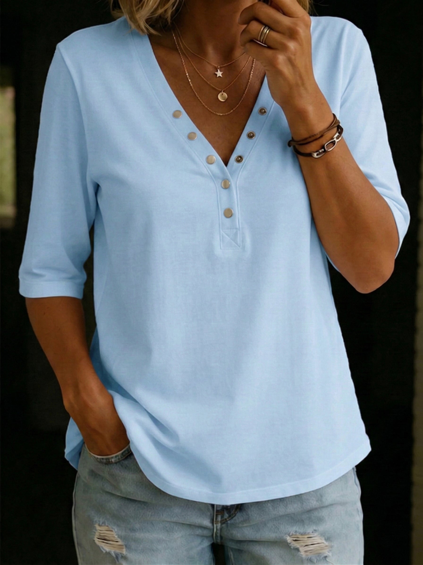 Casual V-neck Snap Button 100% Cotton T-shirt