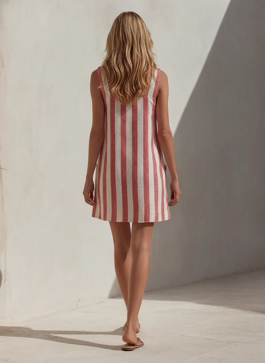 Women's Red & White Striped Linen-Blend Mini Dress With Square Neck And Patch Pockets MDZ1061F5ZRK