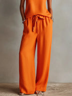 Women's Orange Linen Two-Piece Set With Square Neck Cami Top & Tie-Waist Wide-Leg Pants, Timeless Boho-Resort Style Set MDZ0825D5I